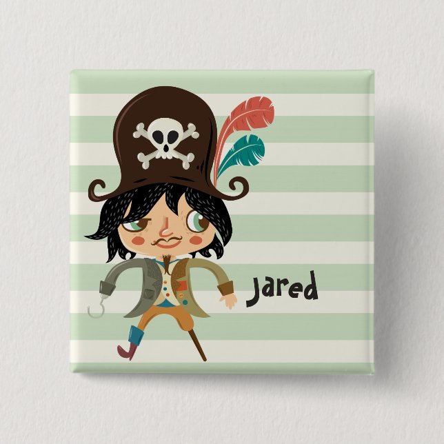 Pirate on Pastel Green Stripes 2 Inch Square Button (Front)