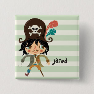 Pirate on Pastel Green Stripes 2 Inch Square Button
