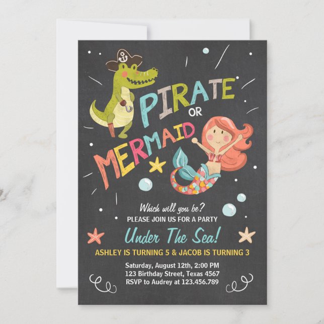 Pirate or Mermaid birthday invitation Joint Bday (Front)