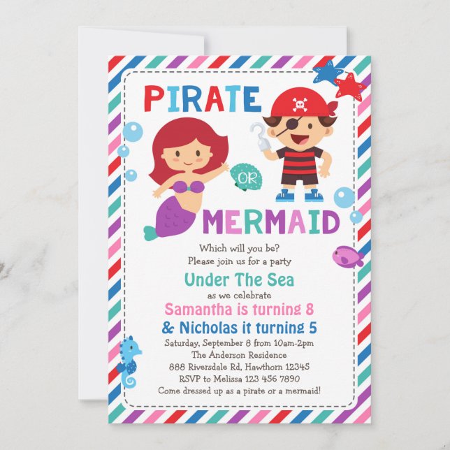 Pirate or Mermaid Invitation, Under the sea party Invitation (Front)