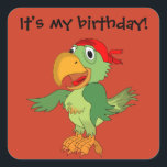 Pirate Parrot  on Orange Birthday Sticker<br><div class="desc">Sticker with a colourful pirate parrot wearing a red bandana on an a bright orange background.  The text says,  "It's my birthday!"  The parrot can be resized and repositioned,  and the text can be customized.</div>