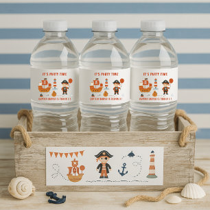 Pirate Party    Red Ship & Captain Birthday Water Bottle Label