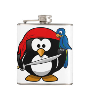 Pirate Penguin with a Red Bandanna and a Parrot Hip Flask
