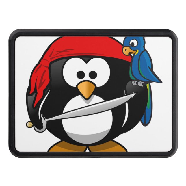 Pirate Penguin with a Red Bandanna and a Parrot Trailer Hitch Cover (Front)