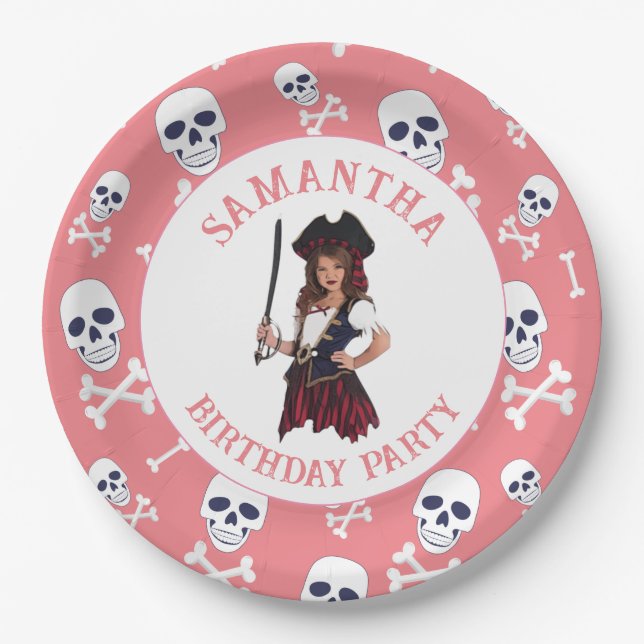 Pirate PINK Girl Skulls Paper Plates (Front)