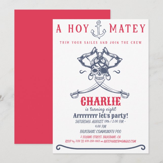 Pirate pink Themed Birthday Party Invitation (Front/Back)