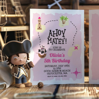 Pirate Pink Treasure map Birthday Invitation