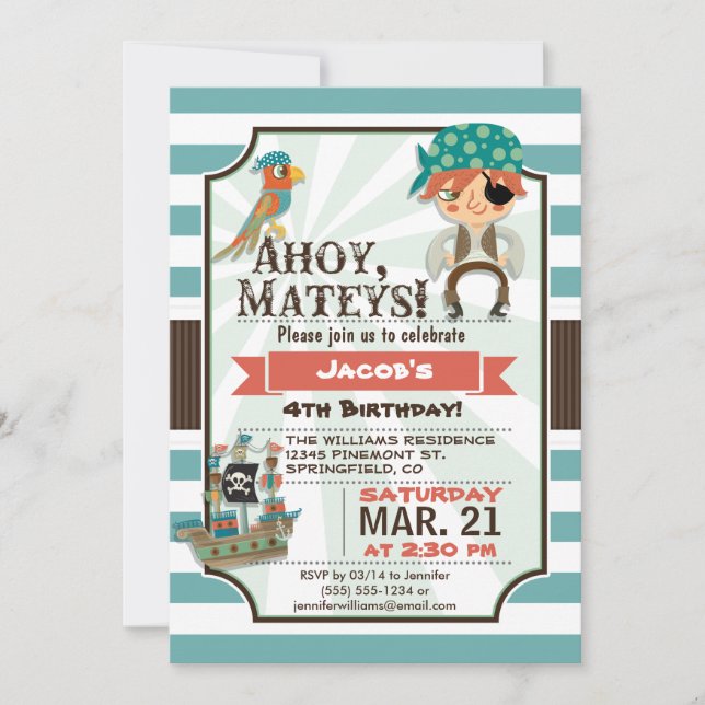 Pirate, Pirate Ship Theme Birthday Party Invitation (Front)