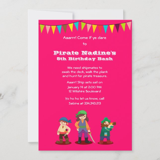 Pirate rose Anniversaire fête Invitation personnal (Devant)