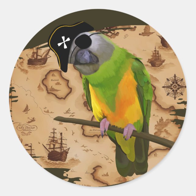 Pirate Senegal Parrot Treasure Map Classic Round Sticker (Front)