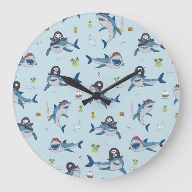 Pirate Shark Doodle Illustration Large Clock (Front)