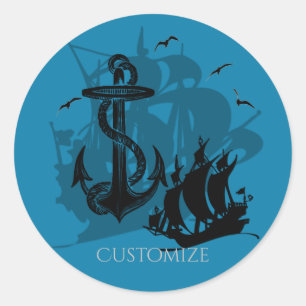 Pirate Ship & Anchor Black Silhouette 2 Classic Round Sticker