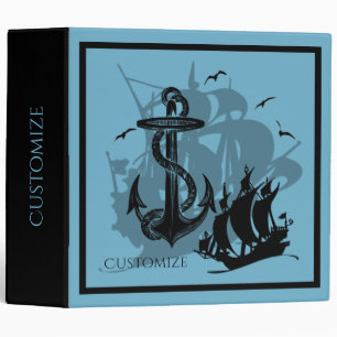 Pirate Ship & Anchor Black Silhouette Blue Binder