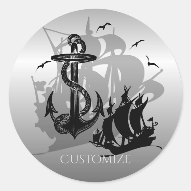 Pirate Ship & Anchor Black Silhouette Classic Round Sticker (Front)