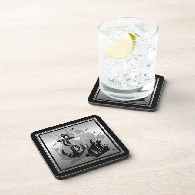 Pirate Ship & Anchor Black Silhouette Coasters 2 (Right Side)