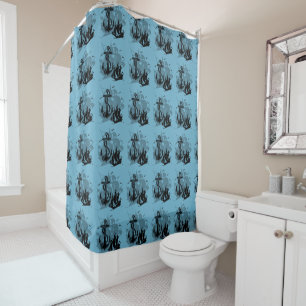 Pirate Ship & Anchor Black Silhouette Curtain 2