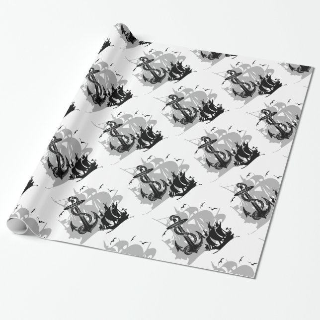 Pirate Ship & Anchor Black Silhouette Paper (Unrolled)
