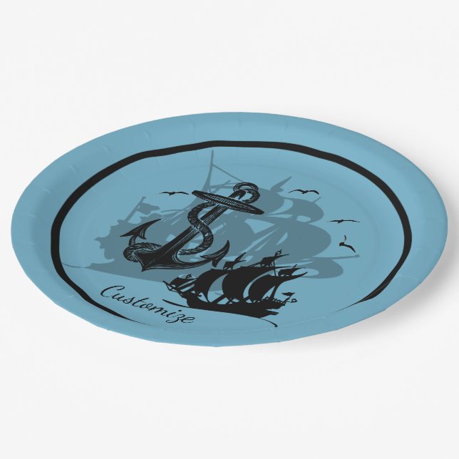 Pirate Ship & Anchor Black Silhouette Paper Plates (Angled)