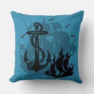 Pirate Ship & Anchor Black Silhouette Throw Pillow