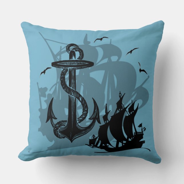Pirate Ship & Anchor Black Silhouette Throw Pillow (Front)