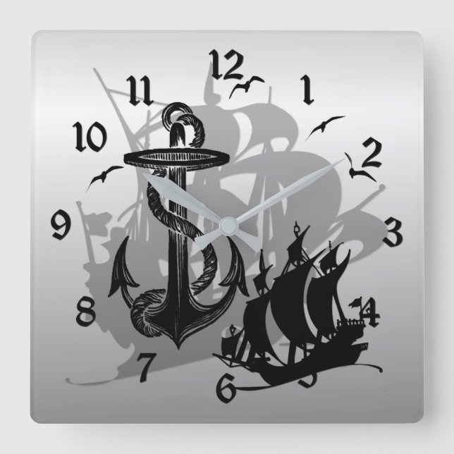 Pirate Ship & Anchor Black Silhouette Wall Clock (Front)