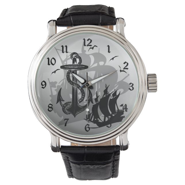 Pirate Ship & Anchor Black Silhouette Watch 2 (Front)