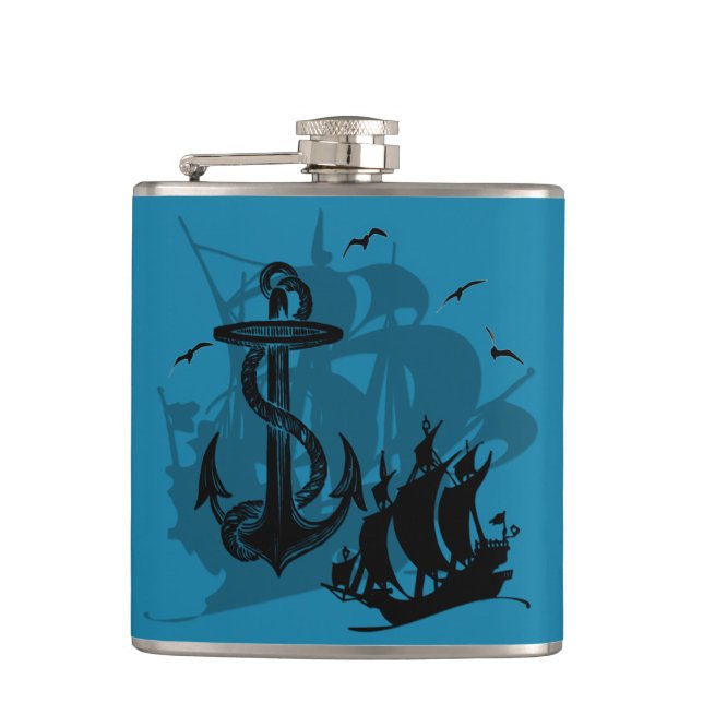 Pirate Ship & Anchor Blue Hip Flask (Front)