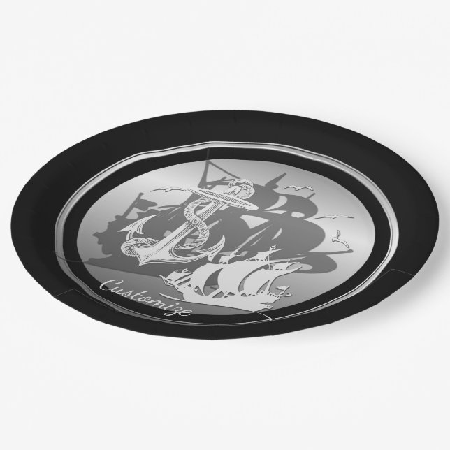 Pirate Ship & Anchor White Silhouette Plates 2 (Angled)