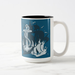 Pirate Ship & Anchor White Silhouette Two-Tone Coffee Mug