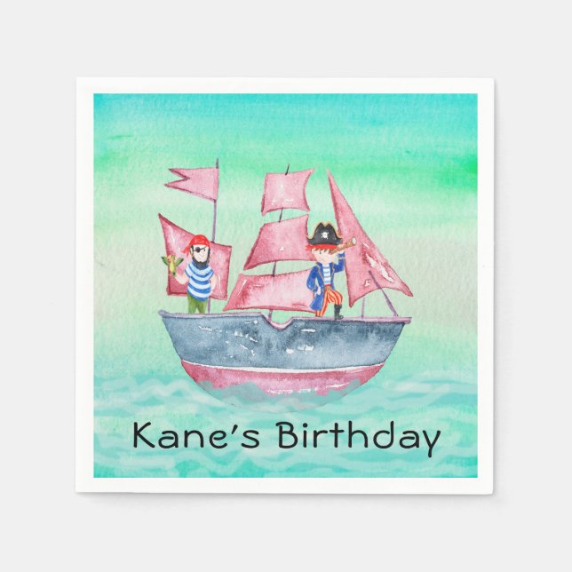 Pirate Ship and Pirates for Kids Birthday Napkin (Front)