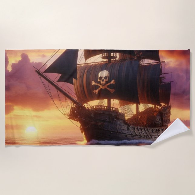 Pirate ship at sunrise/sunset  beach towel (Front)