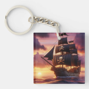 Pirate ship at sunrise/sunset keychain