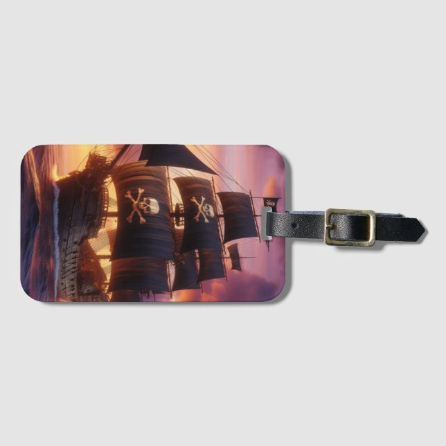 Pirate ship at sunrise/sunset  luggage tag (Front Horizontal)