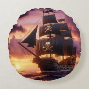 Pirate ship at sunrise/sunset round pillow