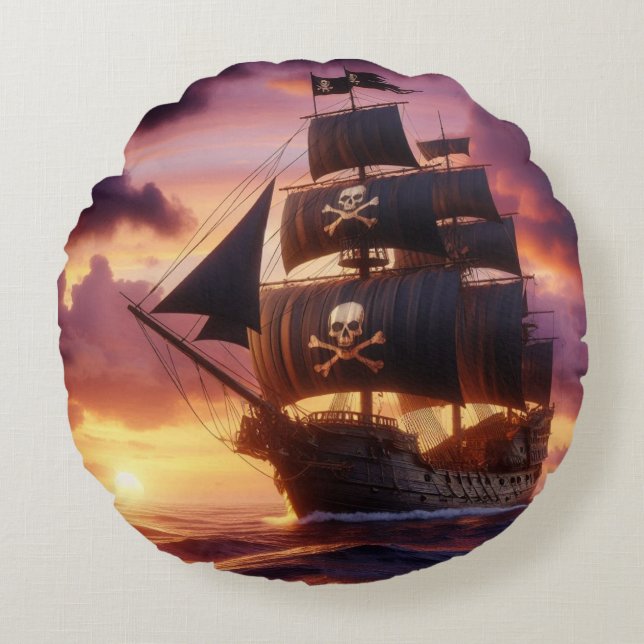 Pirate ship at sunrise/sunset  round pillow (Front)