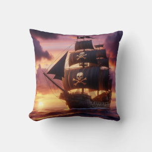 Pirate ship at sunrise/sunset  throw pillow