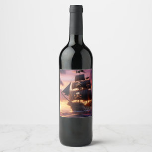 Pirate ship at sunrise/sunset  wine label