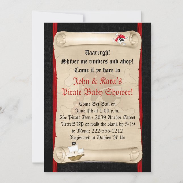 Pirate Ship Baby Shower Invitations - Red Skull (Front)