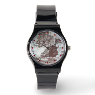 PIRATE SHIP BATTLE Antique Brown White Nautical Watch