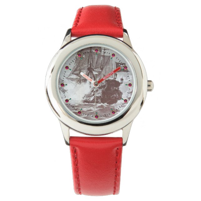 PIRATE SHIP BATTLE Antique Brown White Nautical Watch (Front)