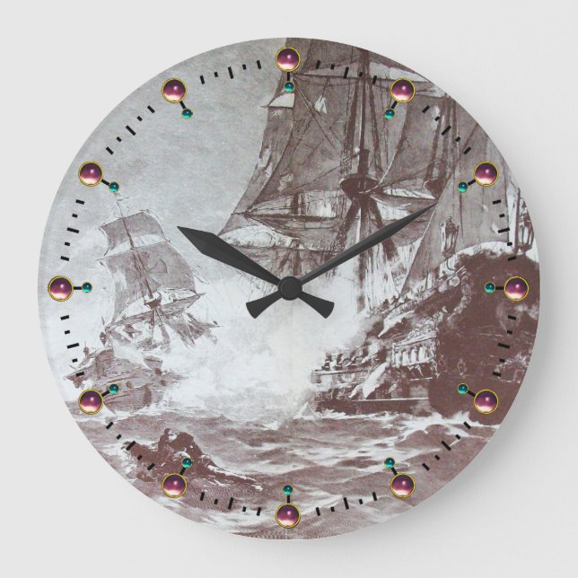PIRATE SHIP BATTLE Black White Large Clock (Front)