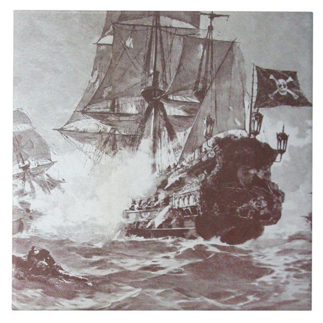 PIRATE SHIP BATTLE IN BLACK AND WHITE TILE (Front)