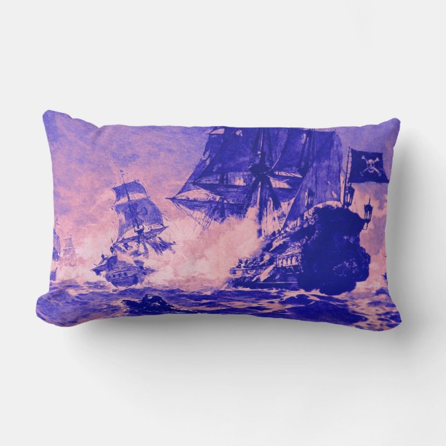 PIRATE SHIP BATTLE IN blue pink Lumbar Pillow (Front)