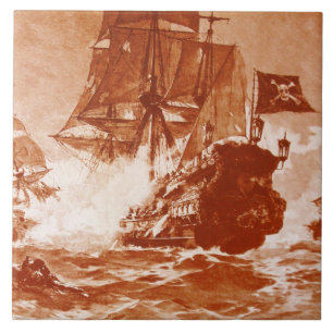PIRATE SHIP BATTLE IN brown sepia Tile