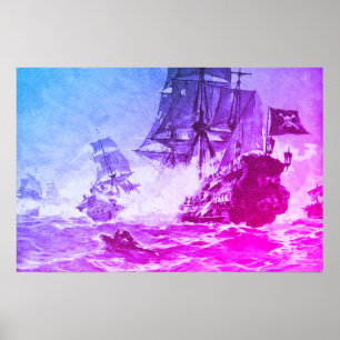 PIRATE SHIP BATTLE IN PURPLE BLUE POSTER