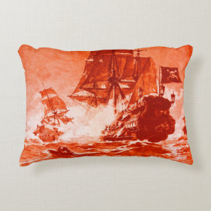 PIRATE SHIP BATTLE IN red Decorative Pillow