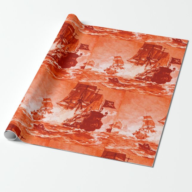 PIRATE SHIP BATTLE IN RED WRAPPING PAPER (Unrolled)