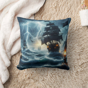 Pirate Ship Battling Stormy Seas at Dusk Throw Pillow