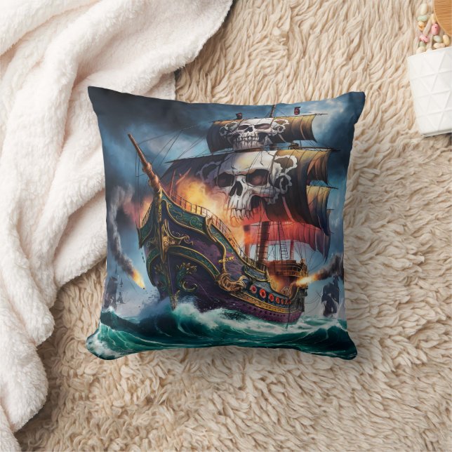Pirate Ship Battling Stormy Seas at Dusk Throw Pillow (Blanket)