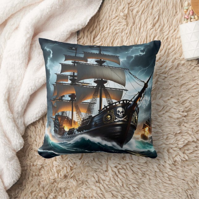 Pirate Ship Battling Stormy Seas at Dusk Throw Pillow (Blanket)